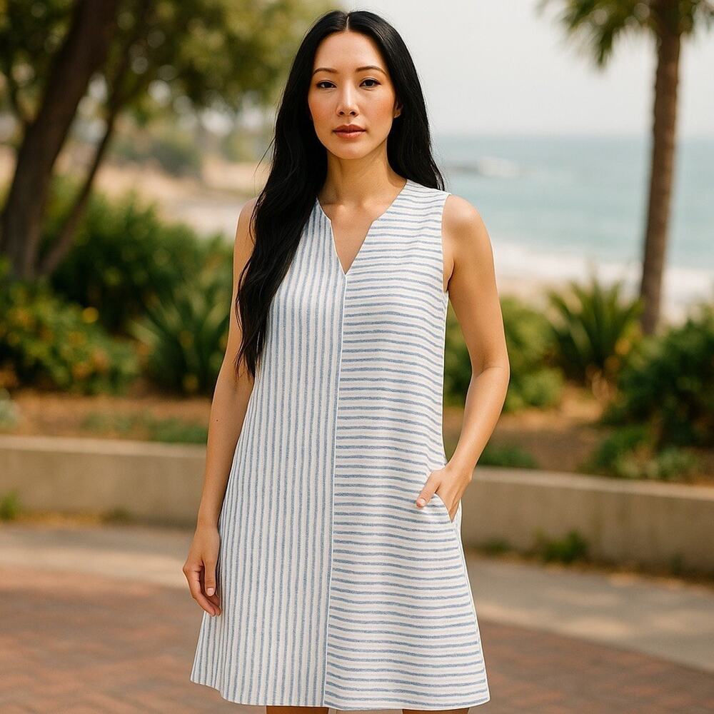Chicos Dress XL 16 3 Terry Cloth Blue White Striped Sleeveless Coastal Grandma